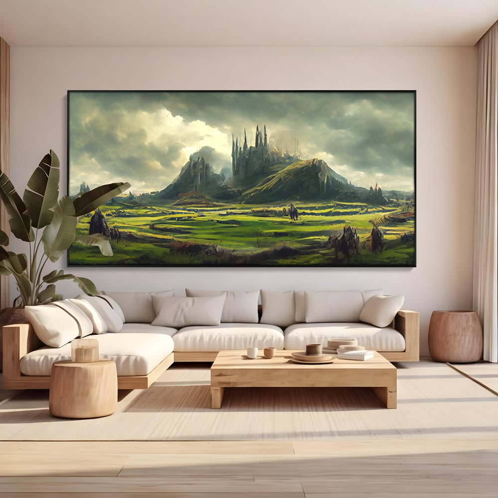 Tablou canvas cu tablou canvas cu cetate medievala si peisaj, in rama de aluminiu negru, pe perete intr-un living